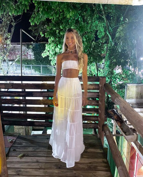 Party Outfit Trends White Bardot Top White Tiered, White Long Skirt | Party Outfit Trends White Bardot Top White Tiered, Shoulder