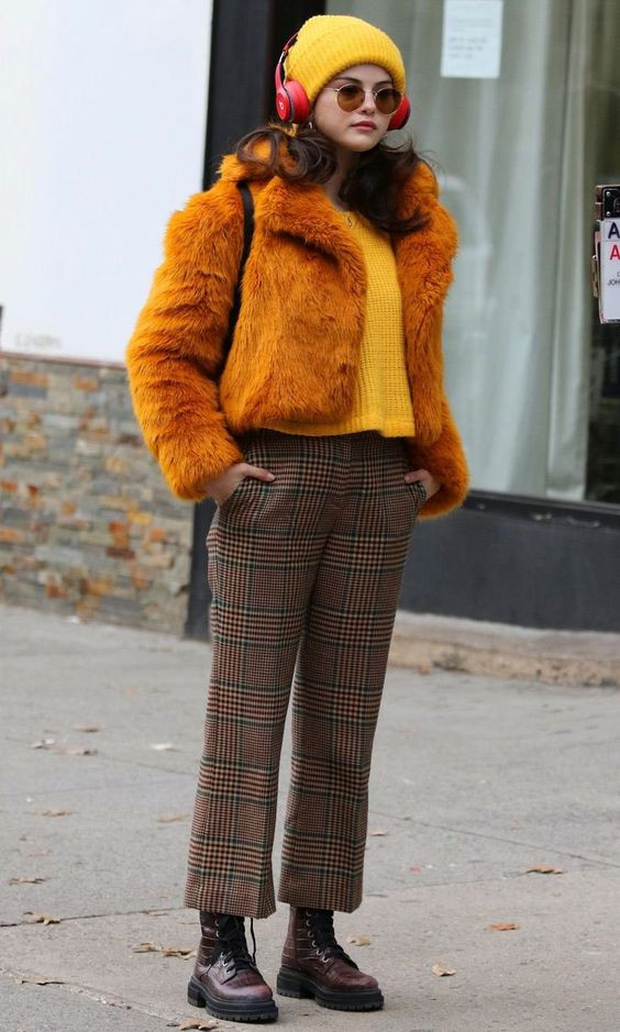 Orange and brown style outfit with tartan, jacket