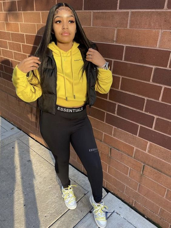 Baddie Birthday Fashion Outfits With Black Legging, Yellow Hoody