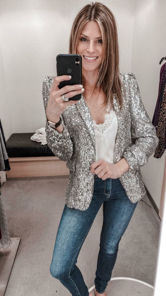 Grey Sequin Blazer Outfits With Light Blue Jeans | Blazer para mujeres