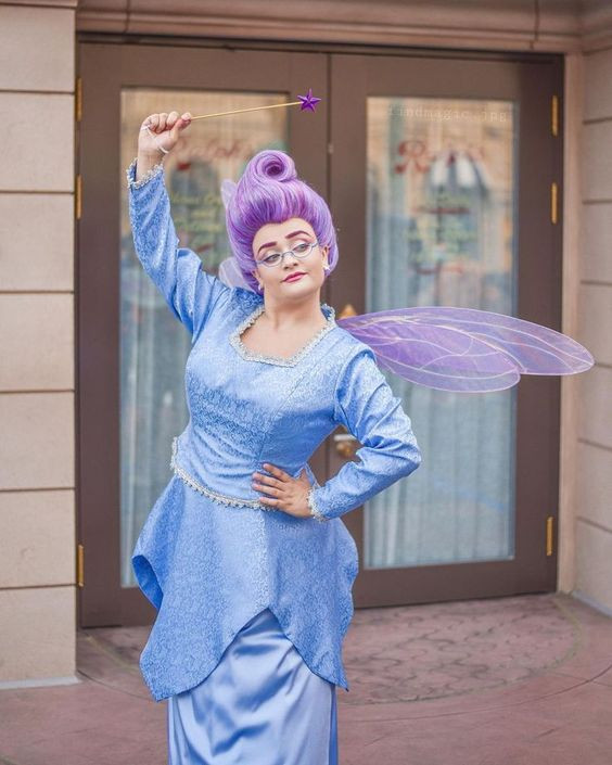 Plus size shrek fairy godmother hair, electric blue outfit style with