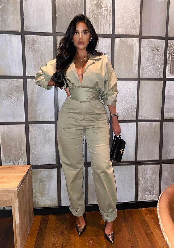 Khaki outfit ideas with trousers, romper suit