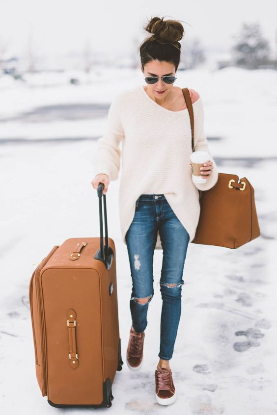White Sweater, Airport Ideas With Light Blue Jeans, Airport Casual Outfits | Casual wear, smart casual, luggage and bags