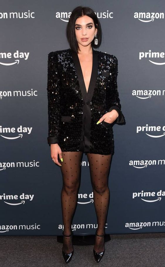 Sequin Blazer Attires Ideas With Black Dress, Dua Lipa Looks | Dua lipa, new rules, pop music, don't start now, 2019 brit awards