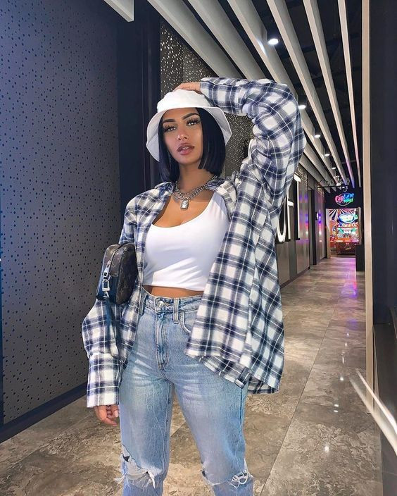 School Baddie Outfit Designs With White Top, Flannel Streetwear Outfit Girls | Casual wear