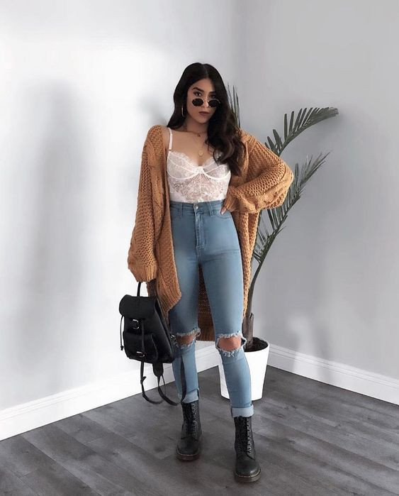 Outfit inspiration with cardigan, fur clothing, knee-high boot