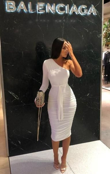 One shoulder ruched design white bodycon dress