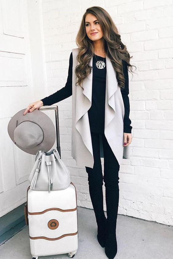 White Winter Coat, Airport Attires Ideas With Black Top, Fall Vacation Outfits | Casual wear, winter clothing