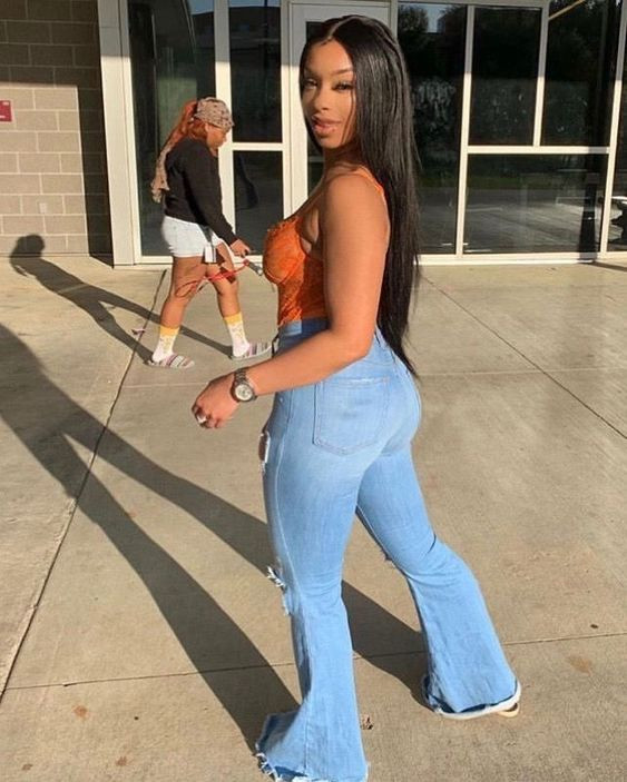 Light Blue Jeans, Black Girls In Tight Jeans Fashion Wear | Wide-leg jeans, slim-fit pants, light wash flared jeans