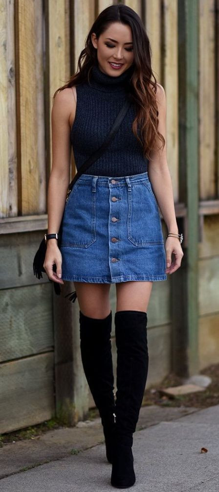 Skirt Outfits With Black Top, Falda De Jean Con Botas Largas | Denim skirt, knee-high boot