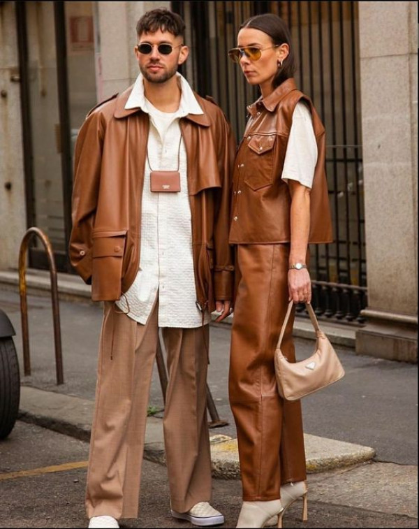 They've opted for a sophisticated day out with their couple's matching outfit in luxe brown leather