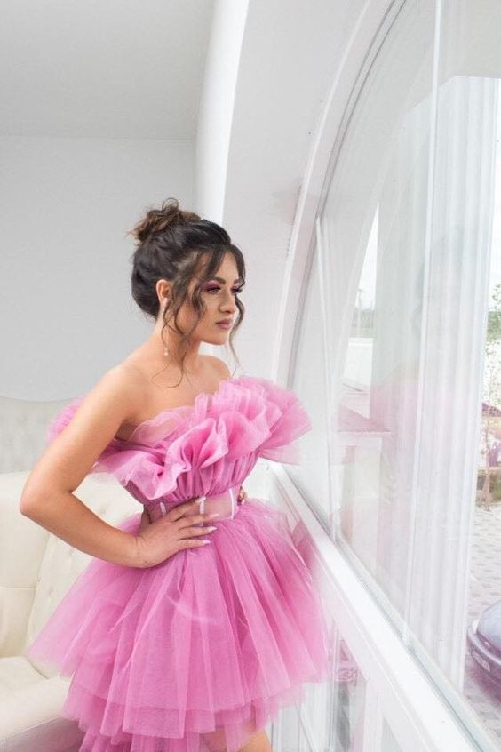 Pink Cocktail Dress Mini Tutu Blouse Dress, Birthday Outfit Clothing Ideas, Puffy Pink Dresses | Ballet tutu, evening gown, wedding dress, women's dress, strapless dress, pink tiered dress