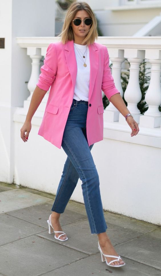 Pink Suit Jackets And Tuxedo, Classy Blazer Fashion Wear With Blue Jeans, Outfit Con Giacca Fucsia | classy blazer