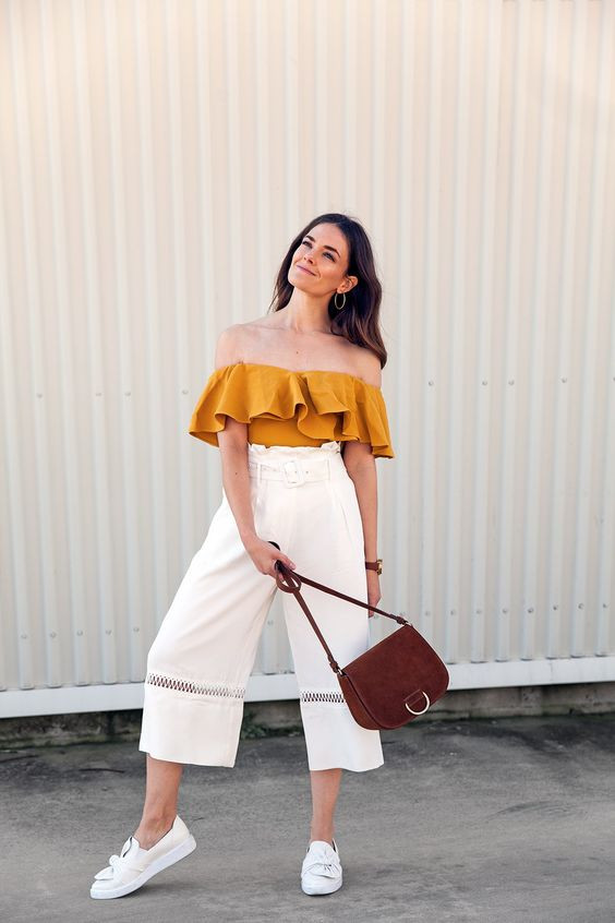 White Pants Outfit Fashion Outfits With Yellow Top, Square Pants And Off Shoulder | Off the shoulder