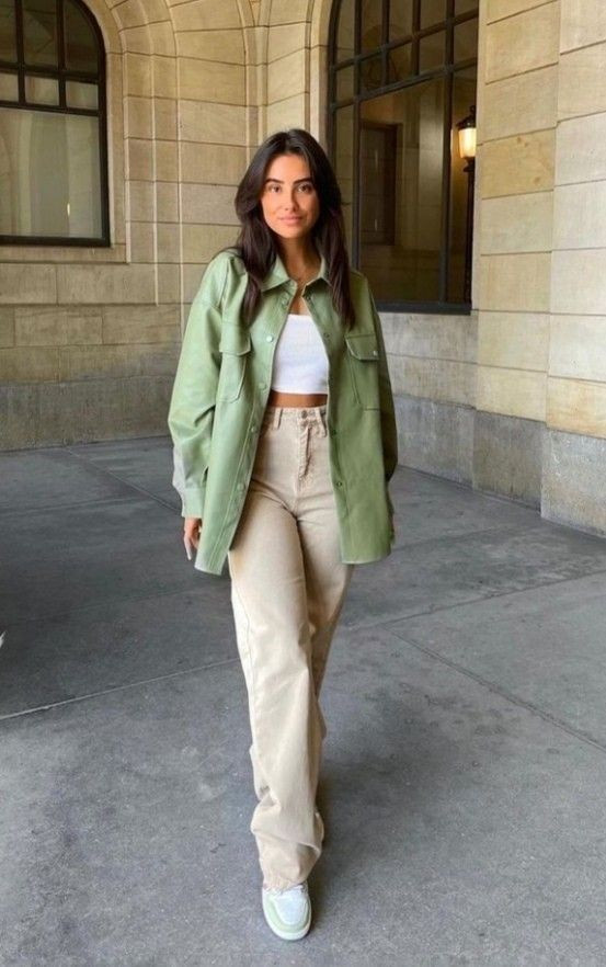 Green Casual Jacket, Aesthetic Attires Ideas With Beige Pant | Trench coat, casual wear, luggage and bags