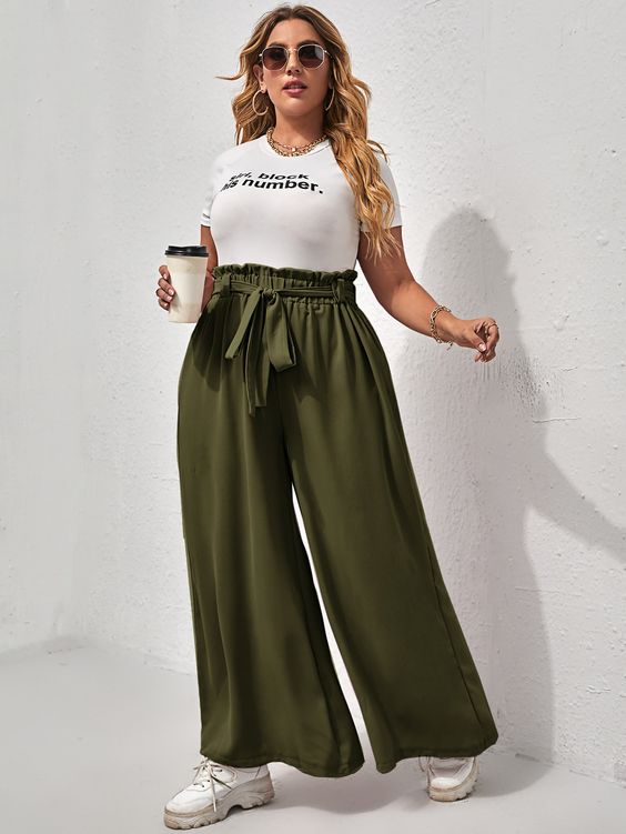 Olive green wide-leg pants with a white t-shirt